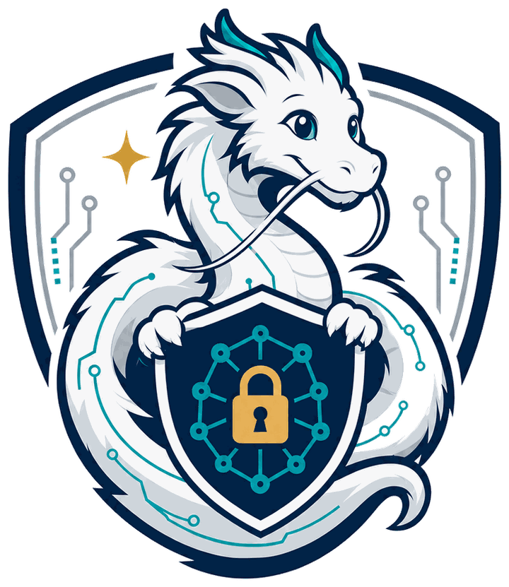 Falk0r Midw3st logo: a white dragon holding a shield with a padlock at the center of a network